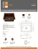 Cocinita Undermount Kitchen Copper Sink - Single Basin - 25 x 22 x 9.5" - KS004CV - Artesano Copper Sinks