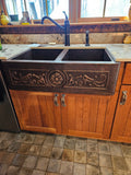 Farmhouse 50/50 Kitchen Copper Sink with Straight Apron and floral design in Cafe Viejo - 33 x 22 x 9" - KS067CV