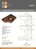 Corner Vanity Wall Mounted with integrated 10" Round Sink and 3" Apron in Cafe Viejo - Left Wall = 20", Right Wall = 13" - VS044CVR (Reversed) - Artesano Copper Sinks