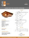 Corner Vanity Wall Mounted with integrated 10" Round Sink and 3" Apron in Natural. Left  Wall =13", Right Wall = 20" - VS044NA - Artesano Copper Sinks
