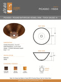 PICASSO in Natural - VS004NA - Round Vessel Bathroom Copper Sink - 16 x 6.5" - Thick Gauge 14 - Artesano Copper Sinks