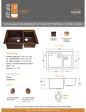 Cocina 60/40 Undermount Kitchen Copper Sink - Double Basin - 33 x 22 x 10.5" - KS006CV - Artesano Copper Sinks