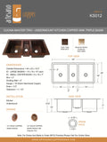Cocina Master Trio Undermount Kitchen Copper Sink - Triple Basin - 44 x 22 x 10.5" - KS012CV - Artesano Copper Sinks