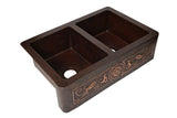 Farmhouse 50/50 Kitchen Copper Sink with Straight Apron and floral design in Cafe Viejo - 33 x 22 x 9" - KS067CV - www.artesanocoppersinks.com