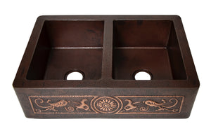 Farmhouse 50/50 Kitchen Copper Sink with Straight Apron and floral design in Cafe Viejo - 33 x 22 x 9" - KS067CV - www.artesanocoppersinks.com