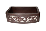 Farmhouse Kitchen Copper Sink with Curved Apron and silver design in Cafe Viejo - 33 x 22 x 9" - KS069CV - www.artesanocoppersinks.com