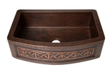 Farmhouse Kitchen Copper Sink with Curved Apron and cacti design in Sanded Copper finish - 33 x 22 x 9" - KS070SC - www.artesanocoppersinks.com