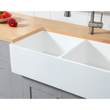 Solid Surface White Stone Apron Front Farmhouse Double Bowl Kitchen Sink 36 x 18 x 10" with Apron Design - KSGKFA361810BCD - Artesano Copper Sinks
