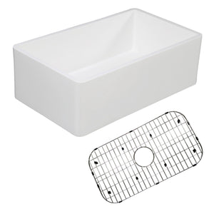 Solid Surface White Stone Apron Front Farmhouse Single Bowl Kitchen Sink 30 x 18 x 10" with Strainer and Grid - KSKGKFA301810BC - Artesano Copper Sinks